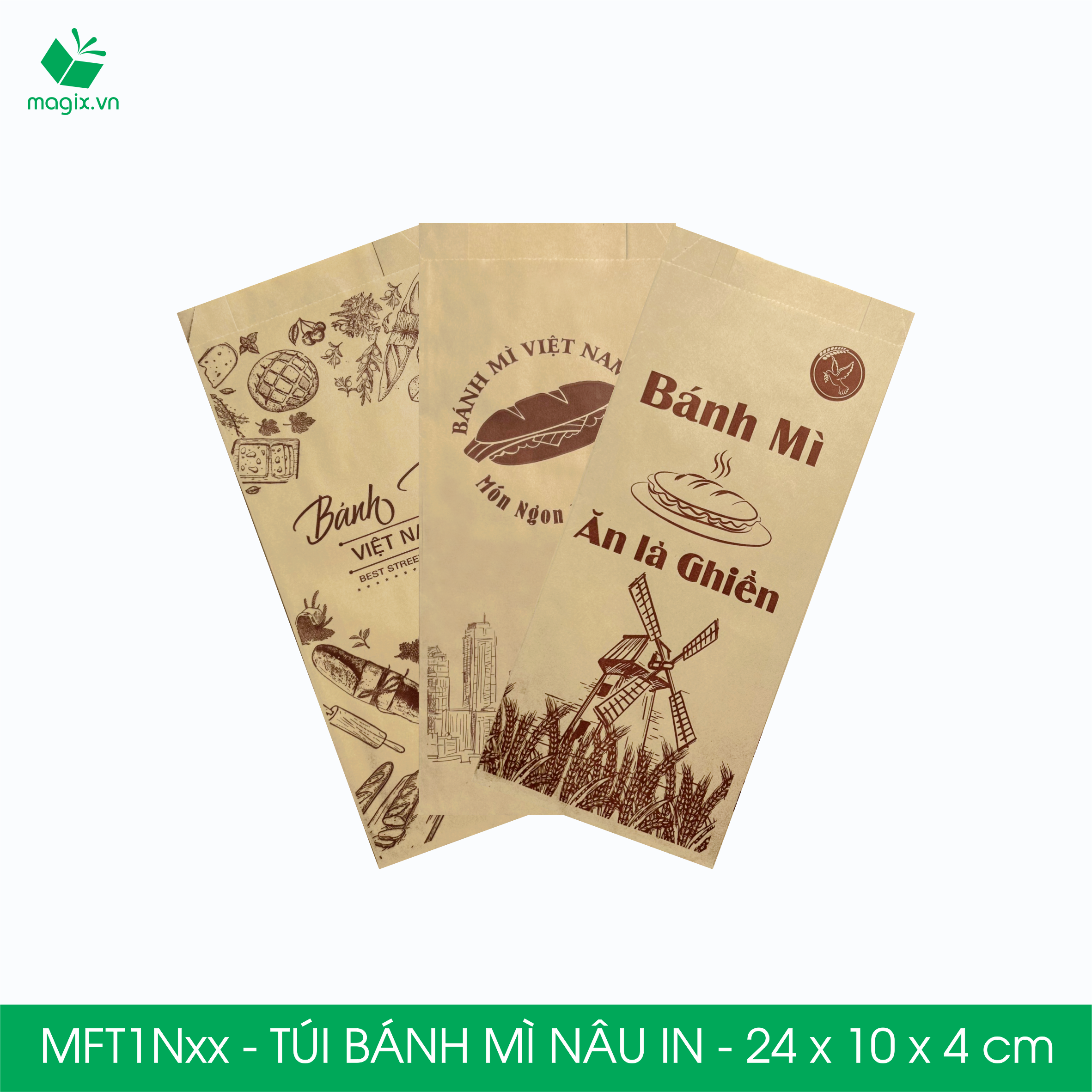 Combo 100 Túi bánh mì Nâu 24x10x4 cm - In sẵn họa tiết nhiều mẫu - Bao bánh mì Túi giấy thực phẩm an toàn