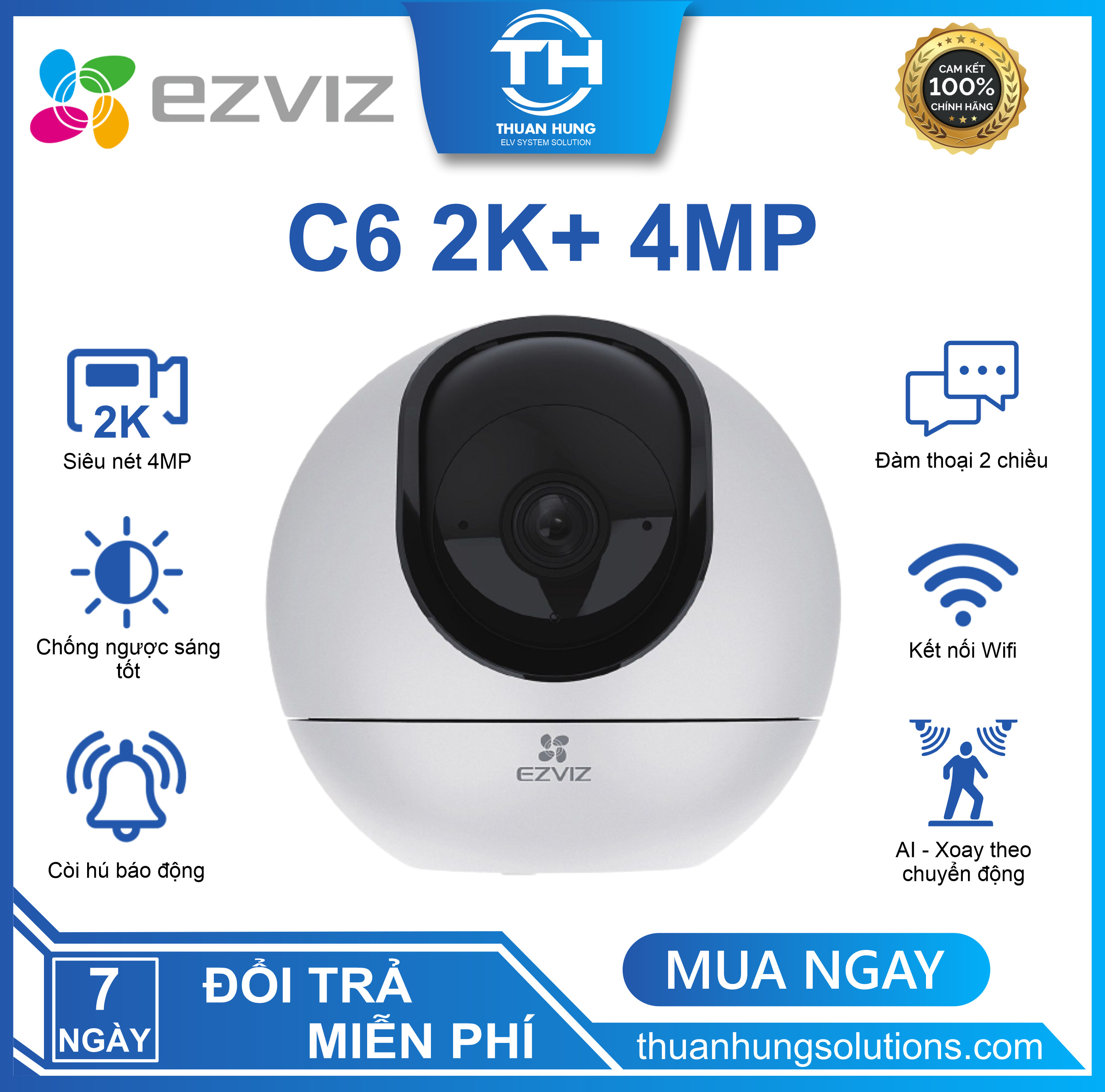 Camera Wifi EZVIZ C6, Camera xoay 360 Độ Phân Giải 2K+, Hỗ trợ băng tần kép, Đàm Thoại 2 Chiều, Tự Động Thu Phóng Chuyển Động, Điều khiển và nhận dạng bằng hành động vẫy tay - Hàng Chính Hãng