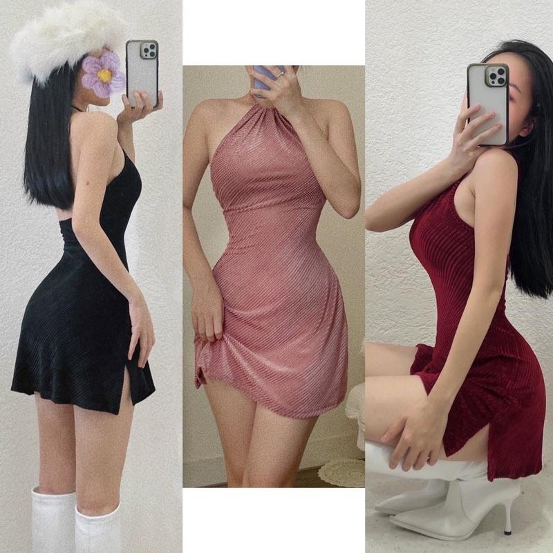 Đầm Nhung Cổ Yếm Xẻ Đùi