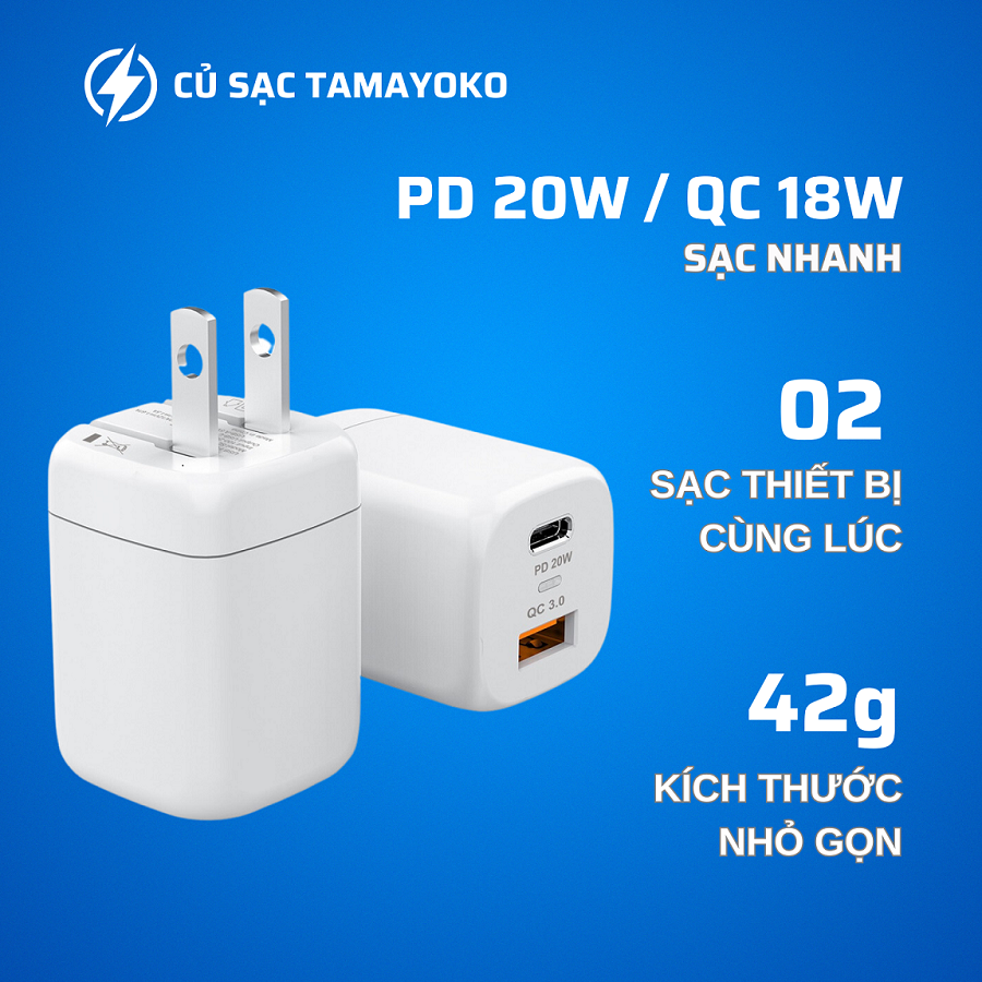 Củ Sạc Nhanh 20W 2 Cổng Power Delivery Quick Charge QC 3.0. Chứng Nhận CE/FCC/ROSH - Hàng Chính Hãng Tamayoko