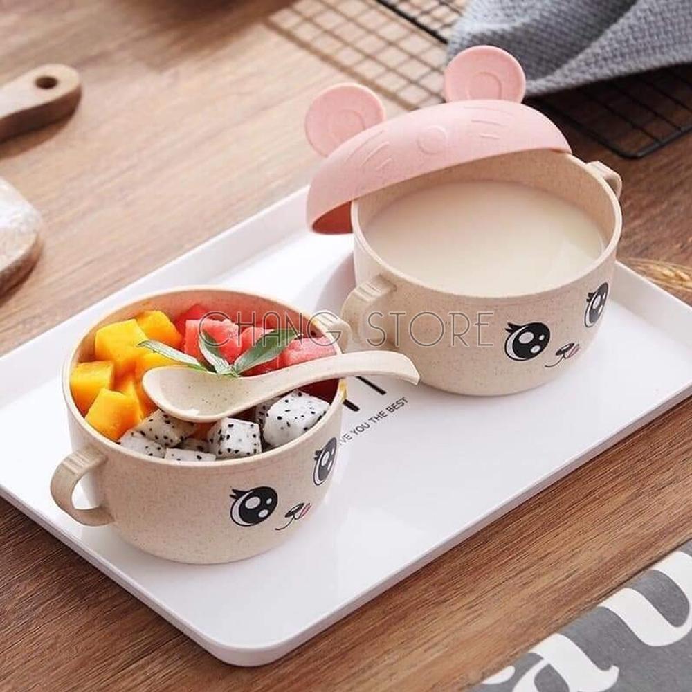 Bát Ăn Dặm Lúa Mạch Chống Nóng Có Nắp Hình Tai Thỏ Tặng Thìa Cho Bé