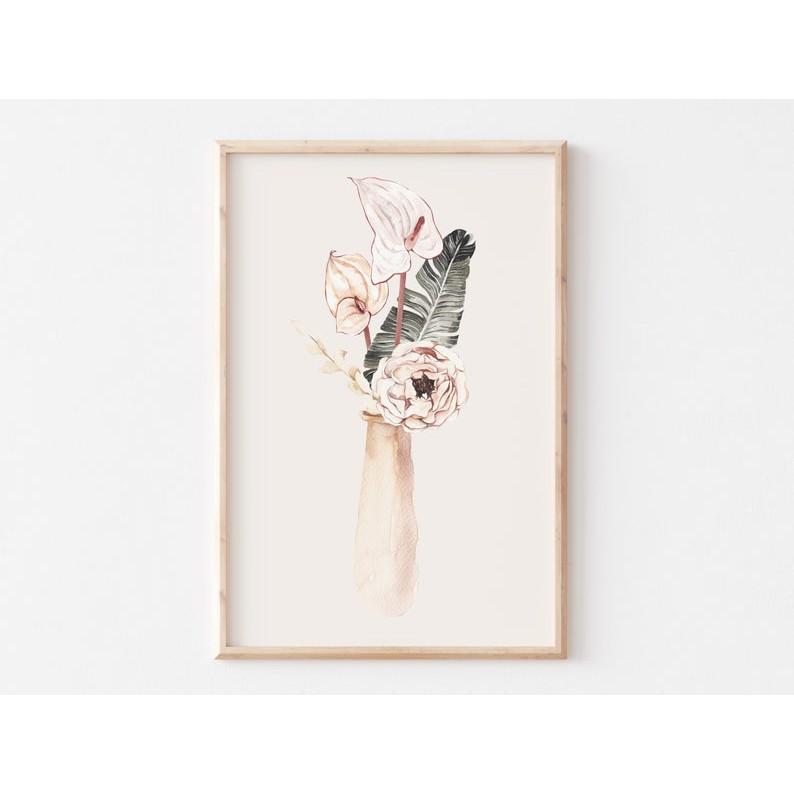 Tranh Canvas Cao Cấp | Tranh màu nước - Botanical Watercolor Print, Minimal Leaf, Palm Leaves, Plant Pot Print