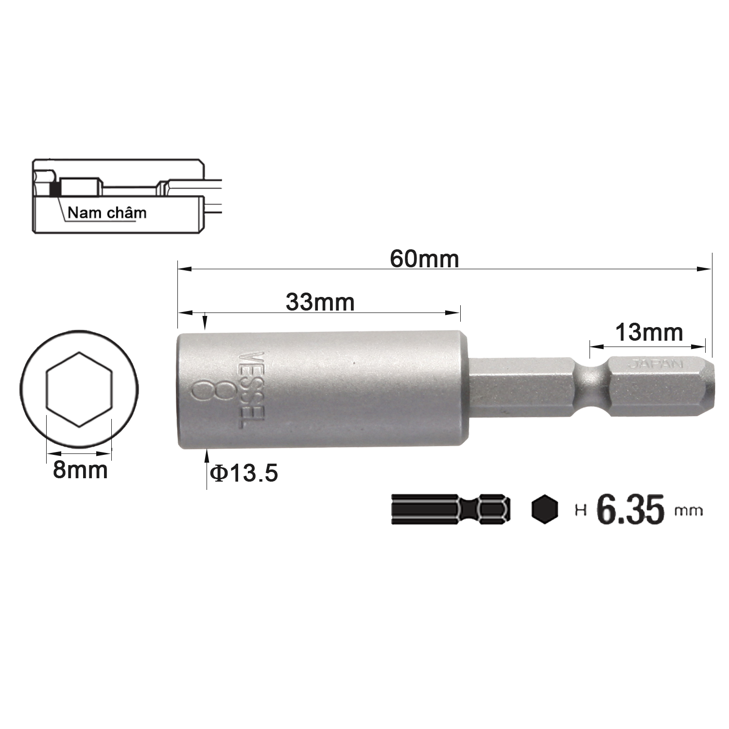 Đầu vặn ốc lục giác có nam châm M-A20, chuôi lục giác H=6,35mm Vessel