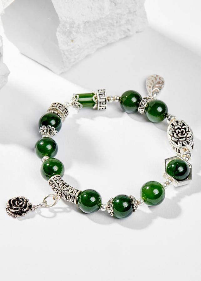 Vòng Tay Phong Thủy Nữ Đá Ngọc Bích Phối Charm Hoa Bạc Mệnh Mộc, Hỏa Ngọc Quý Gemstones