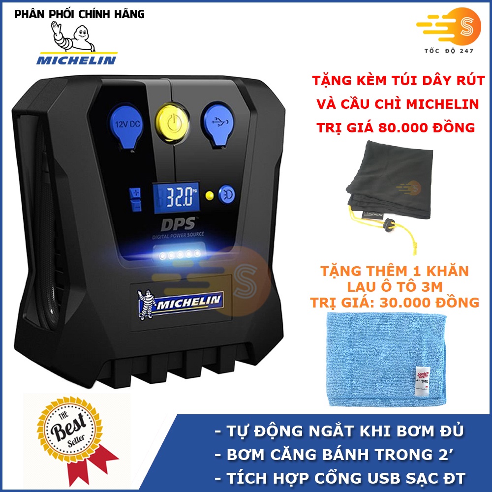 Máy bơm lốp đa năng tự ngắt 12v Michelin 12266 - Tặng kèm 1 khăn lau microfiber 30x30cm