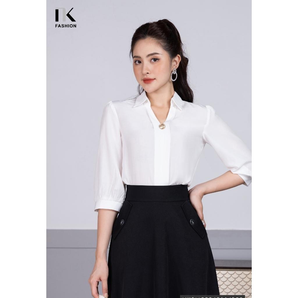 Áo Sơ Mi Nữ Tay Lỡ NK FASHION Thiết Kế Cổ Chữ V Vạt Dọc Độc Đáo Chất Vải Nhập Hàn Cao Cấp Không Nhăn Nhàu NKSM2206011