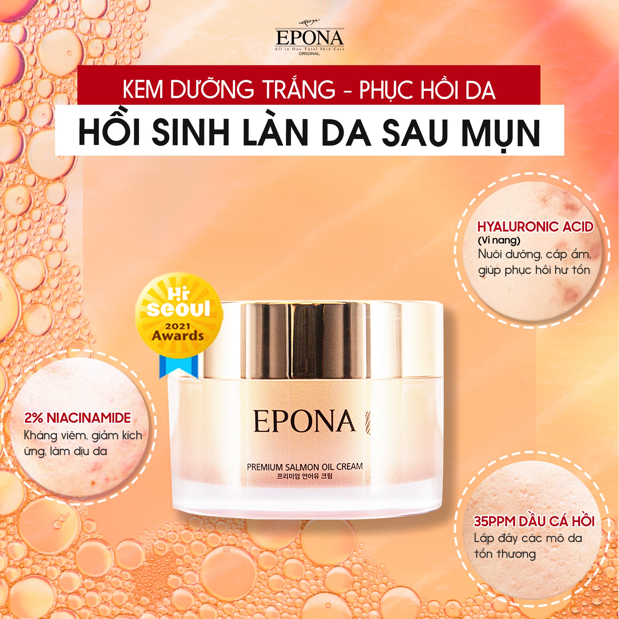 Kem Dưỡng Trắng - Phục Hồi Da Hư Tổn Chiết Xuất Dầu Cá Hồi Epona Premium Salmon Cream 50ml