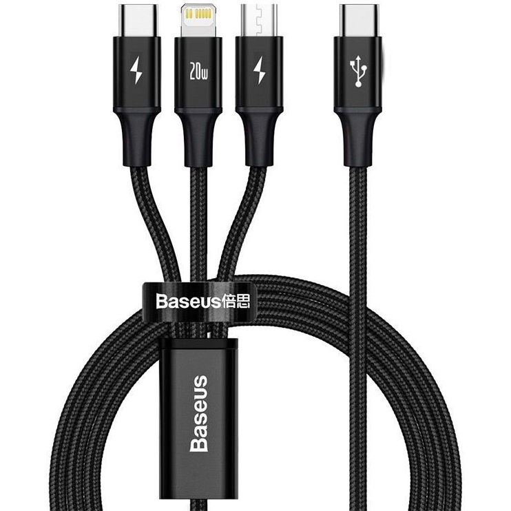 Cáp sạc 3 đầu Baseus Rapid Series 3-in-1 PD 20W (Type C to Type C / Lightning/ Micro USB, Fast Charging &amp; Data Cable) - Hàng chính hãng