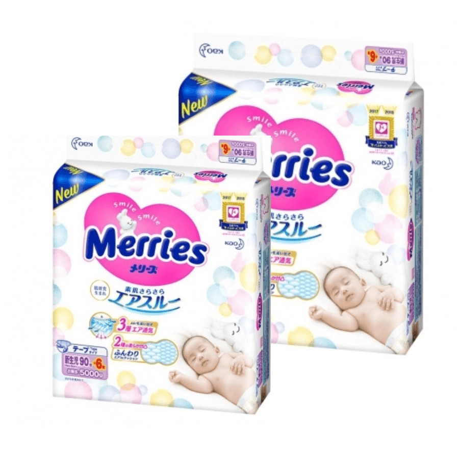 [Combo 2] Bỉm - Tã dán Merries cộng miếng size Newborn 90+6 miếng (Cho bé ~5kg)