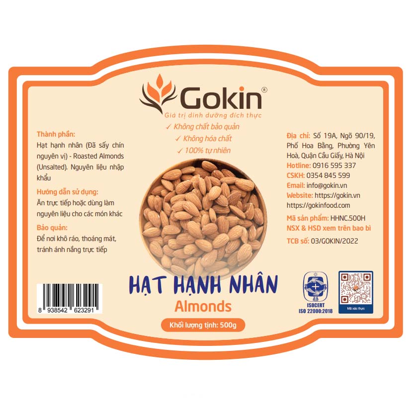 Hạt dinh dưỡng Hạnh nhân sấy chín tách vỏ GOKIN Hũ 500g - Bổ sung dinh dưỡng, tốt cho tim mạch, rất tốt cho chế độ ăn Healthy, ăn liền hoặc làm sữa hạt, đạt tiêu chuẩn ATTP