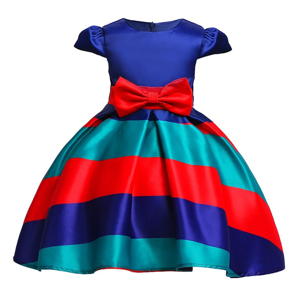 Fashion Flower Girl Dress Red Blue Stripes Bow Wedding Bridesmaid Birthday Pageant Formal Short Sleeve Dresses 3-10 Years