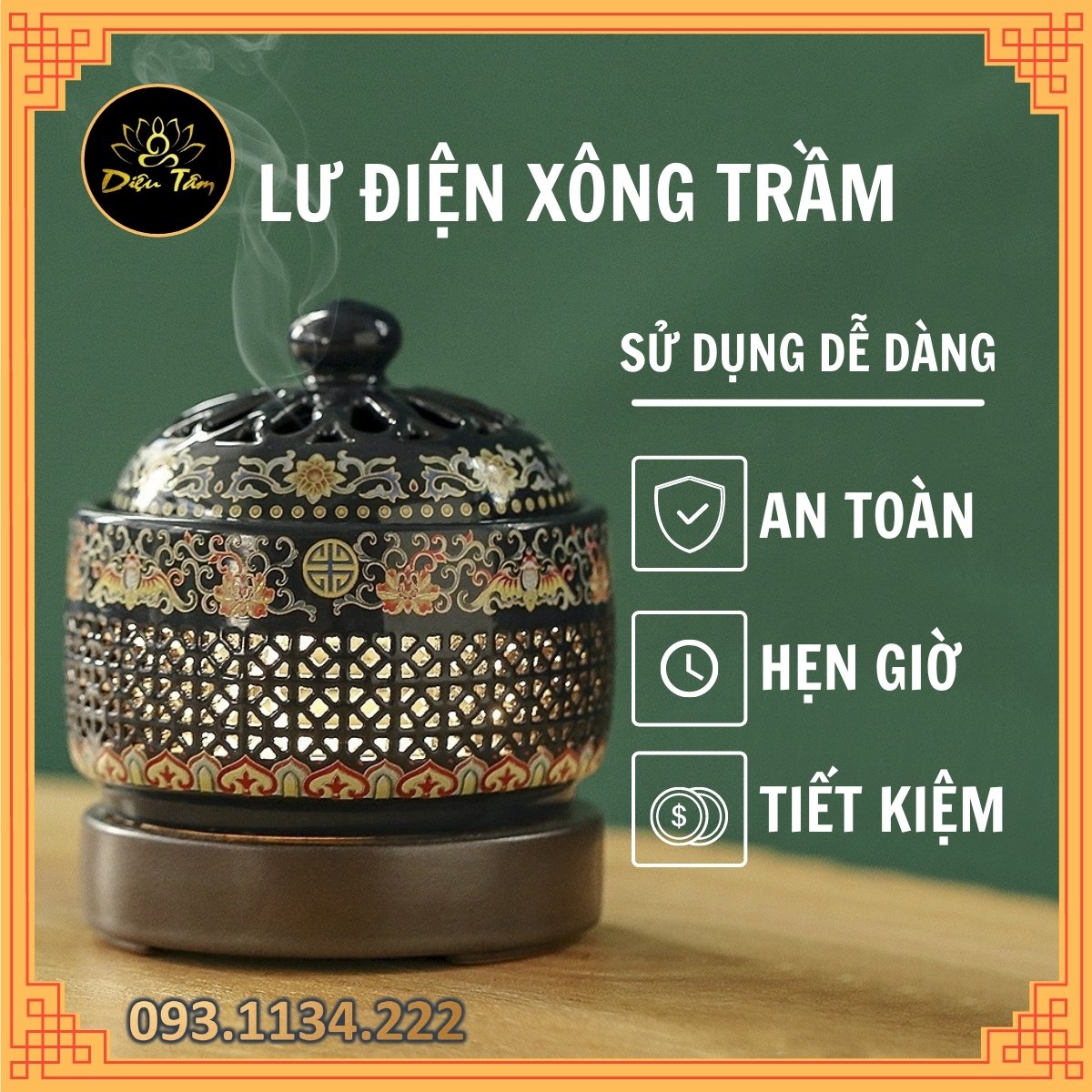 Lư xông trầm hương, tinh dầu bằng điện có đèn gốm hoa văn cao cấp