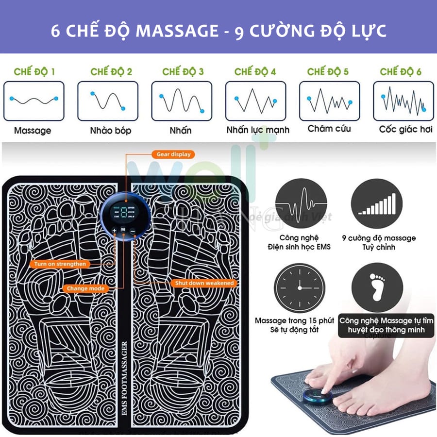 Thảm Massage Chân Xung Điện EMS LED Hiển Thị, 6 chế độ xoa bóp Bàn Chân, Giúp tuần hoàn Khí Huyết, đỡ đau Mỏi