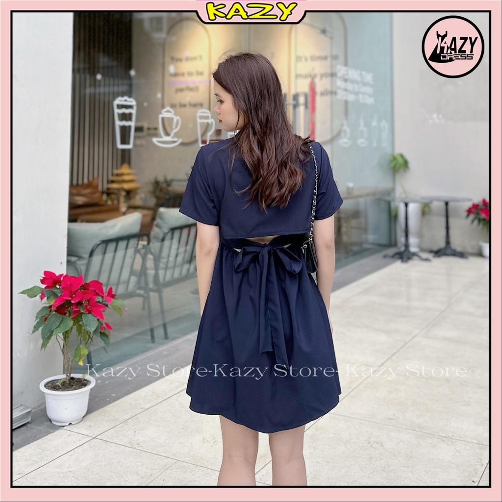 Váy sơ mi logo khoét lung thắt nơ, Váy hở lưng KAZY DRESS V002