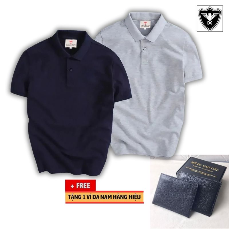 Áo Thun Nam Cổ Bẻ Tặng 1 Ví Da Nam Hàng Hiệu Vải Cá Sấu, Combo 2 Áo Ez212 - Xám - Xanh Đen - L