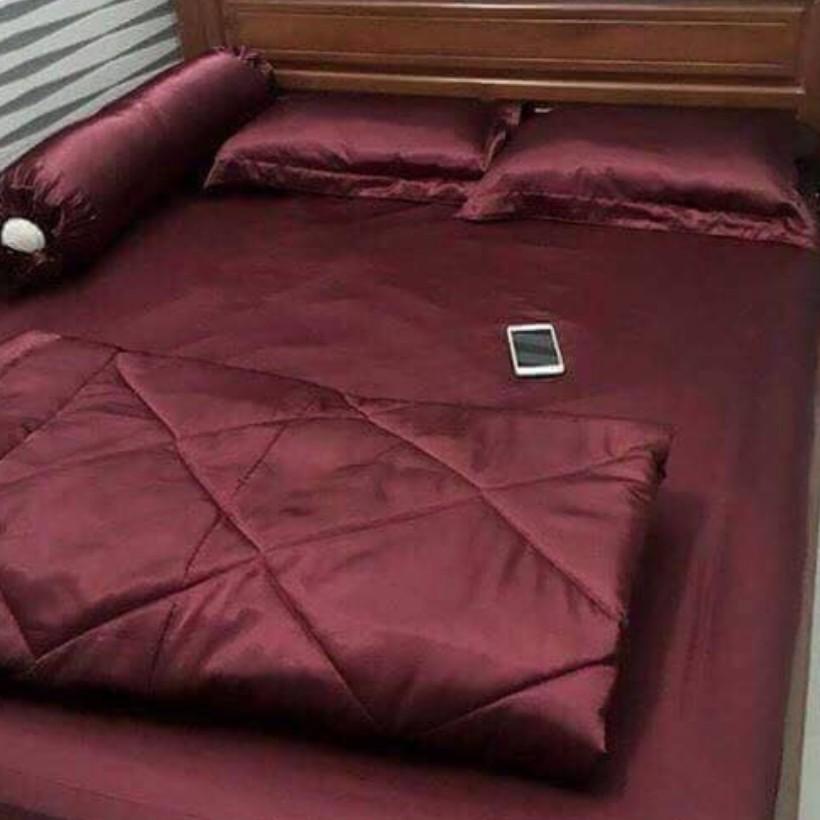 Bộ Chăn Trần Bông Ga Gối Phi Lụa 5 Món Cao Cấp Lan Bedding Màu Đỏ Mận