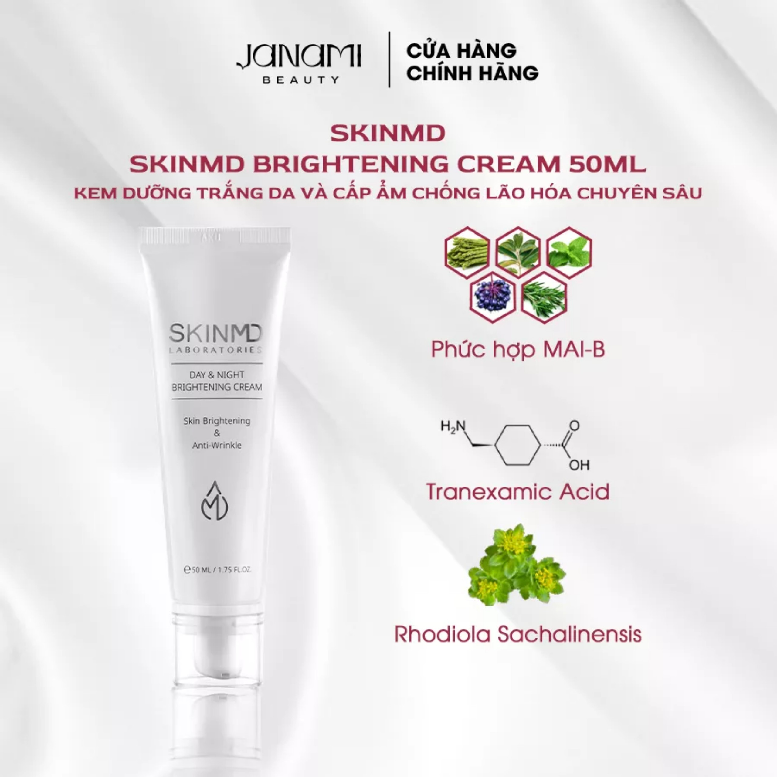 Ộ đôi chống nắng mờ nám BIHAKU SUNSCREEN CARE SPF50+ PA++++ 35g và SKINMD DAY & NIGHT BRIGHTENING CREAM 50g giúp làm mờ nếp nhăn sáng da