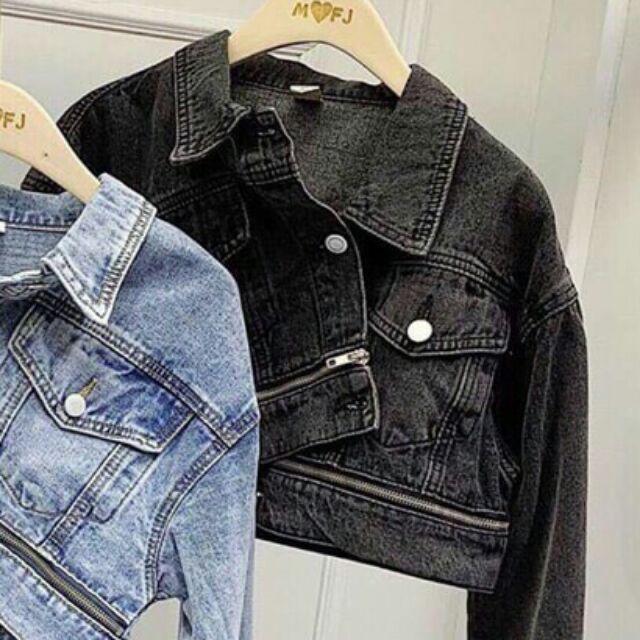 Khoác jean lửng dây kéo,áo khoác bò croptop phối khóa dưới thời trang Hàn Quốc