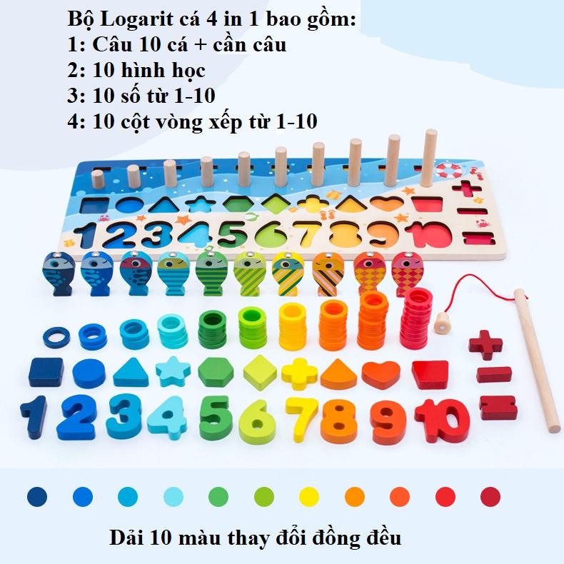 Đồ chơi bộ câu cá Logarit 4 in 1 xếp hình bằng gỗ cho bé KB2160151, bộ xếp hình khối gỗ chữ cái, số, hình học và câu cá