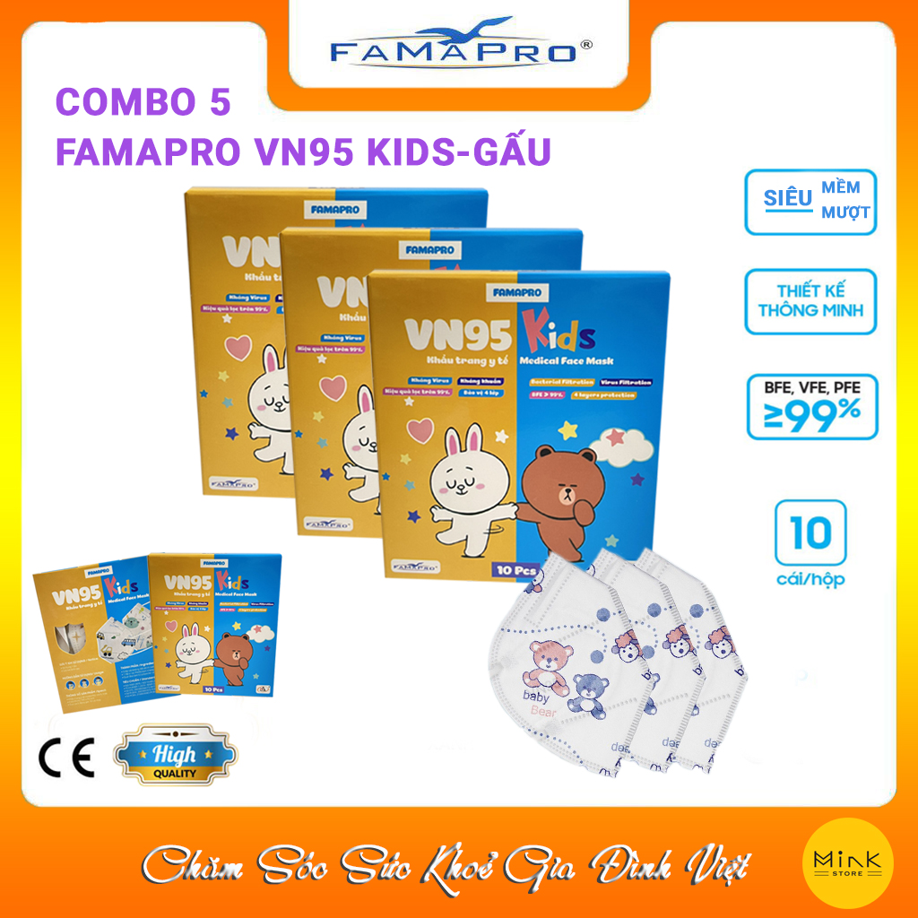 [COMBO 5 HỘP - FAMAPRO VN95 KIDS] - Khẩu trang y tế trẻ em Famapro VN95 KIDS (10 cái/ hộp)