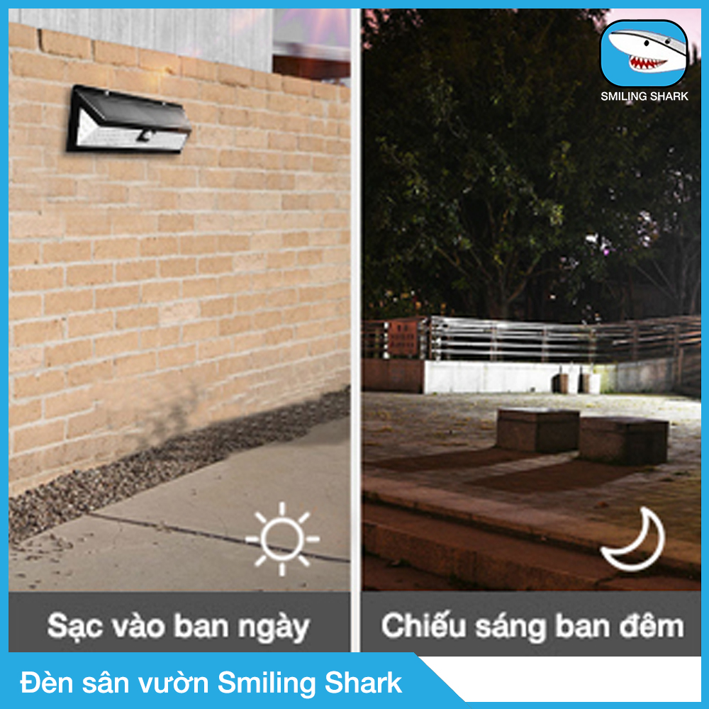 Đèn Led năng lượng mặt trời Smiling Shark siêu sáng, công nghệ chống bức xạ có hại, cảm ứng hồng ngoại thông minh 3 chế độ, chống nước IP65, thắp sáng sân vườn, trụ cổng, lối đi ngoài trời - Hàng chính hãng