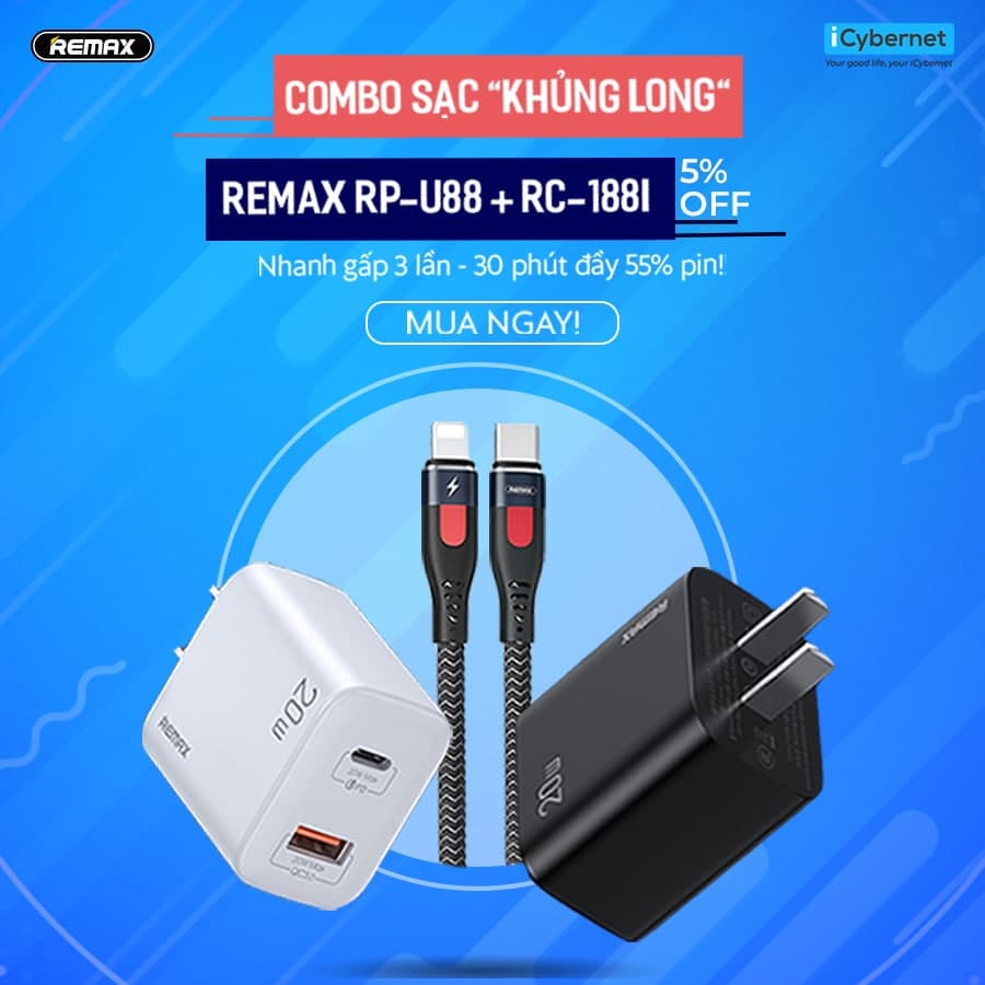 Hình ảnh Combo củ cáp sạc nhanh chuẩn PD 20W cho IP12,IP13 Remax RPU88i+RC188i- Hàng chính hãng