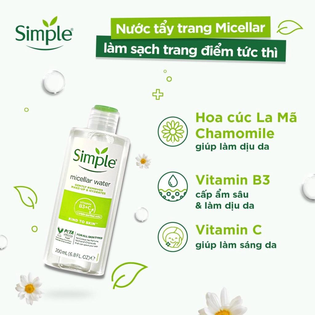 Combo 3 Simple Tẩy trang 200ml + Sữa Rửa Mặt Da Nhạy Cảm 150ml + Nước Hoa Hồng Toner 200ml