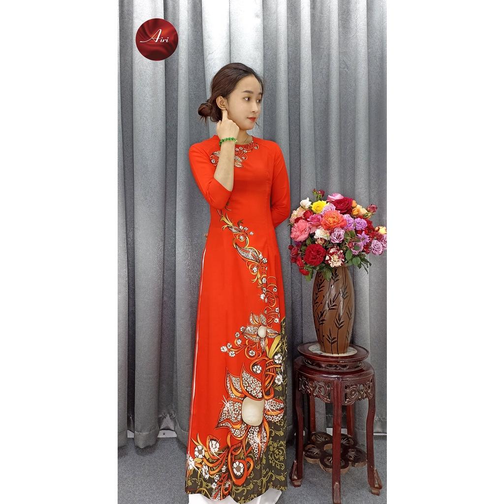 Áo dài nữ lụa nhật màu cam họa tiết hoa to - Áo dài Airi