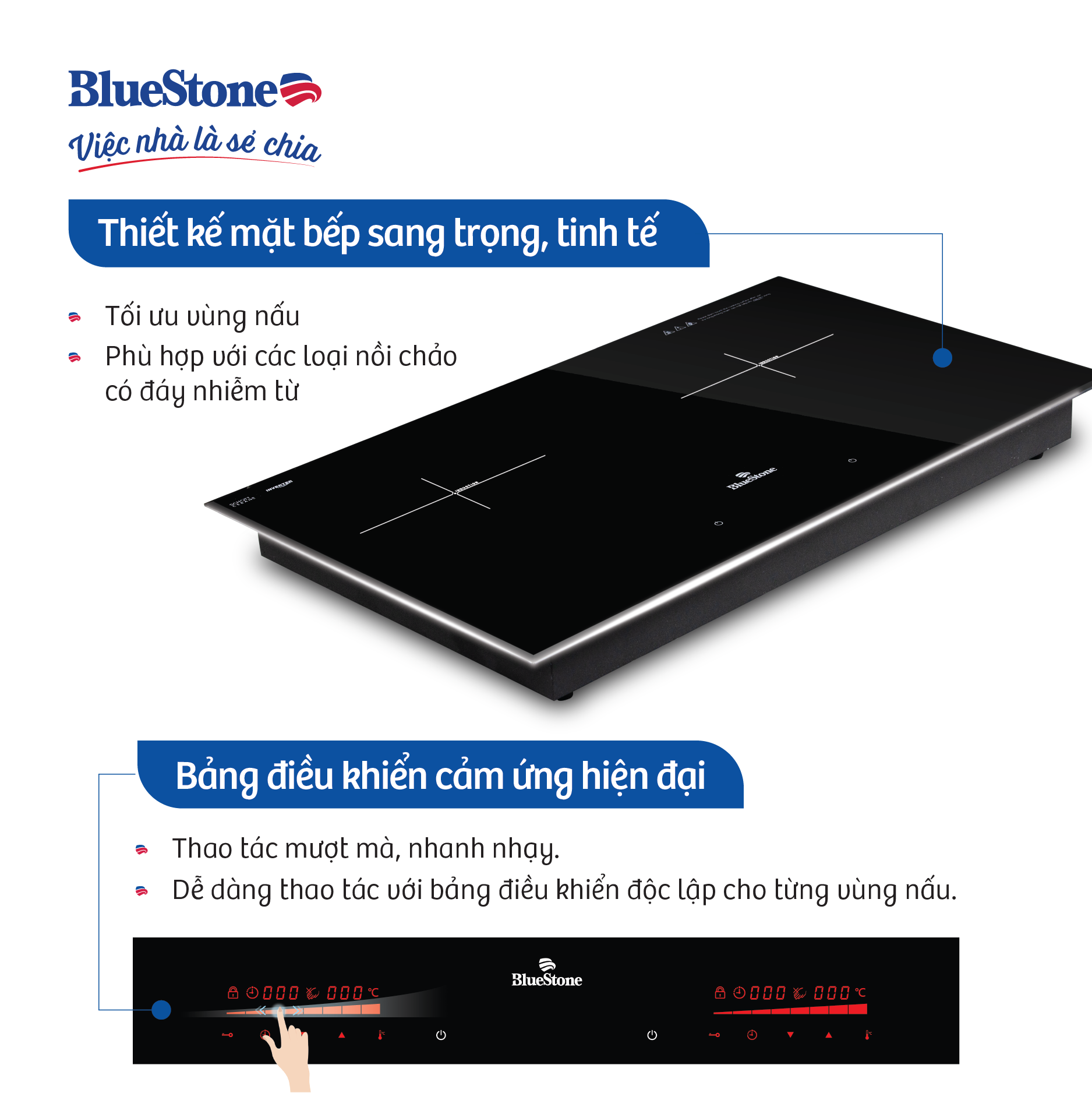 Bếp âm từ đôi BlueStone ICB-6948 (5200W - Malaysia) - Hàng chính hãng