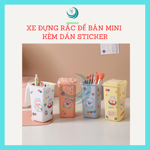 -Thùng rác mini để bàn, trên xe ô tô kèm sticker dán 16x10x6,5cm- CHỌN MÀU- Hộp đựng bút, cọ trang điểm đa năng hình xe rác mini