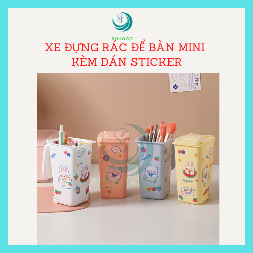 [VIDEO]-Thùng rác mini để bàn, trên xe ô tô kèm sticker dán 16x10x6,5cm- CHỌN MÀU- Hộp đựng bút, cọ trang điểm đa năng hình xe rác mini