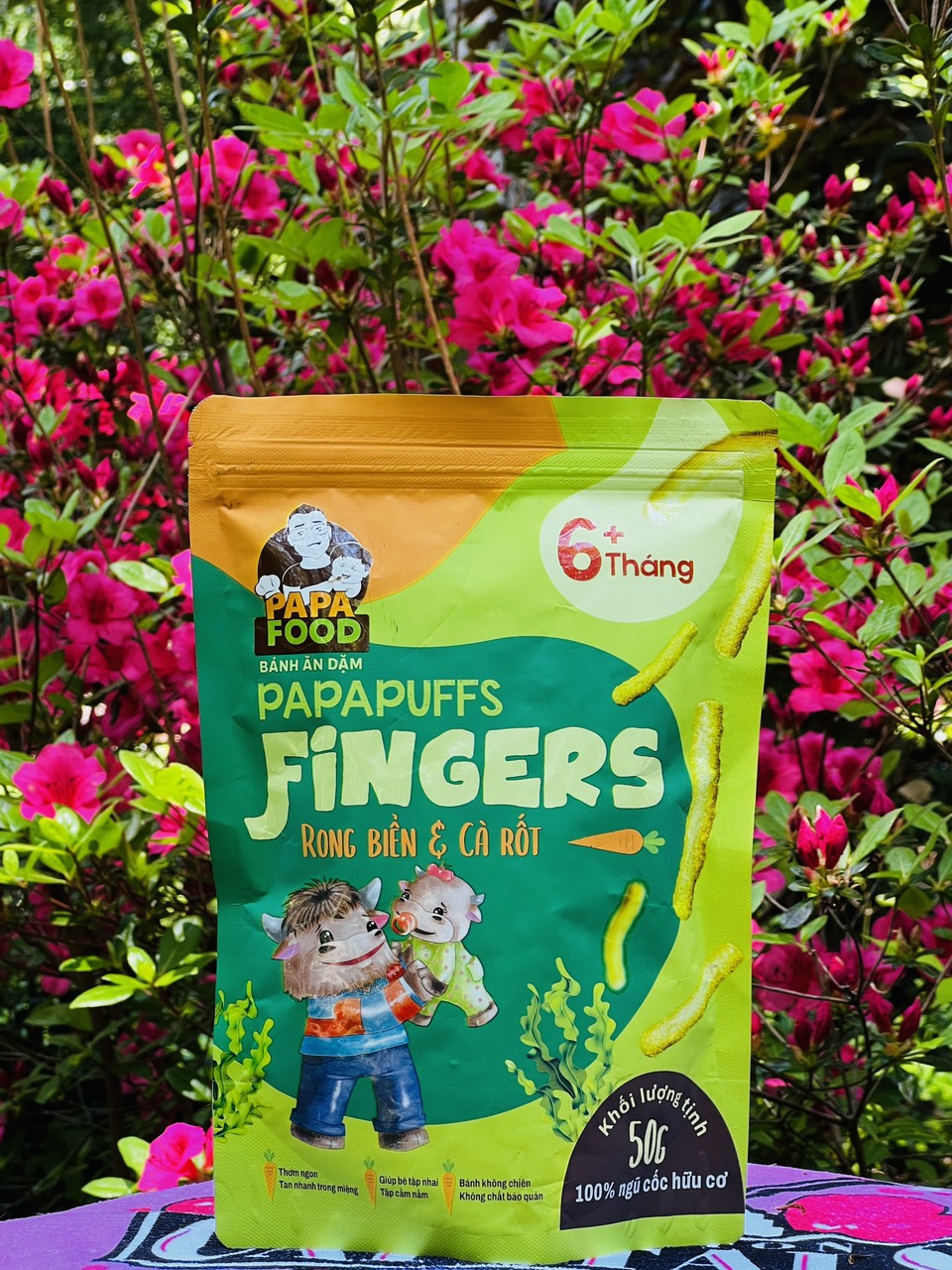 Bánh ăn dặm PAPAPUFFS FINGERS - Vị RONG BIỂN&amp;CÀ RỐT - 100% Ngũ Cốc Hữu Cơ - Gói 50g