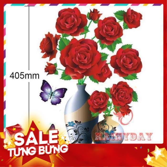 Tranh dán tường 3D treo phòng khách, phòng ngủ trang trí đẹp hình bình lọ hoa hồng/sen/trà/đào .