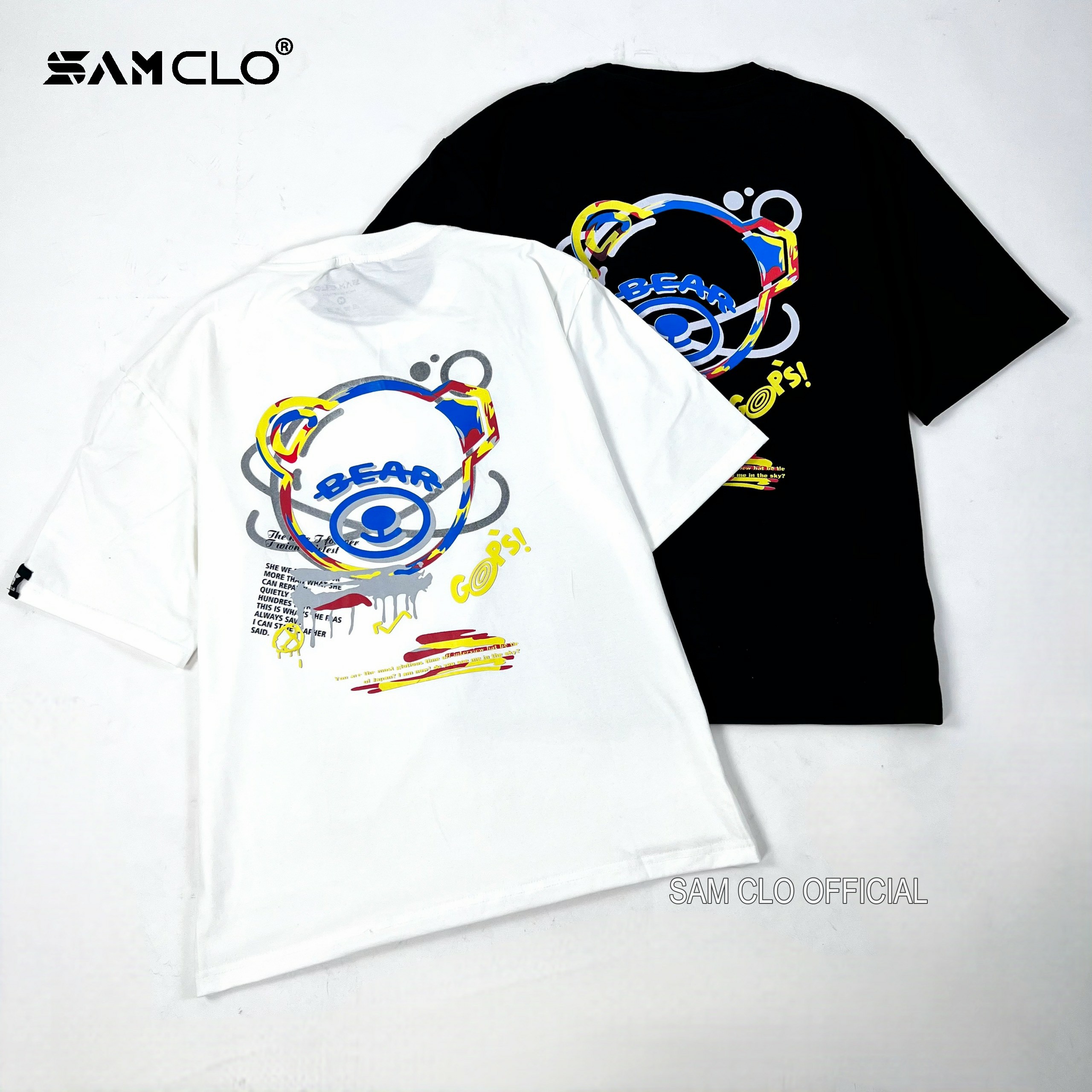 Áo thun nam nữ tay lỡ SAM CLO form rộng Unisex, mặc cặp, nhóm GẤU BEAR 80% cotton