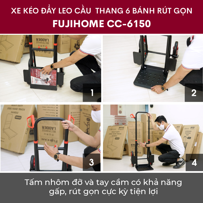 Xe đẩy hàng leo cầu thang 6 bánh Nhập Khẩu Nhật Bản Fujihome 150kg, xe kéo hàng leo cầu thang gấp gọn siêu thị đa năng stair trolley