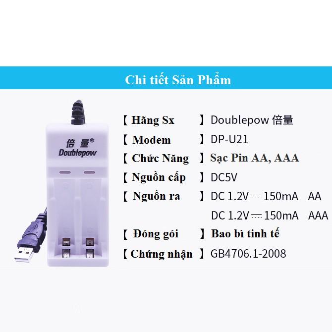 Bộ sạc pin Doublepow dùng sạc 2 viên pin AA/AAA cổng USB