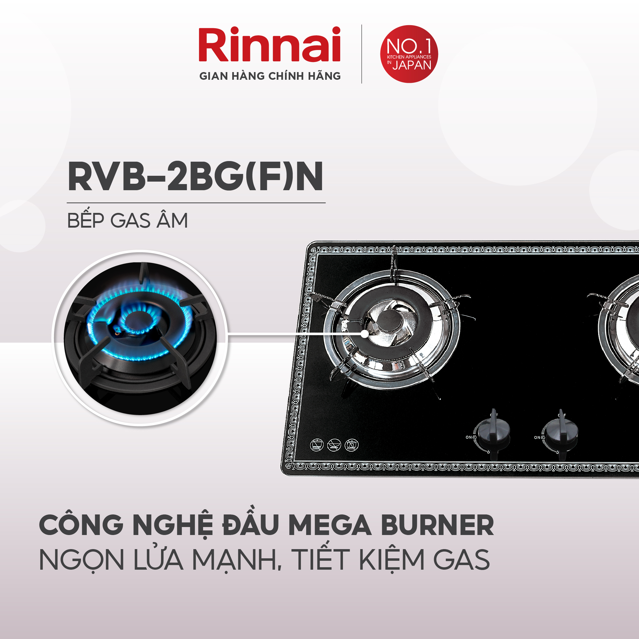 Bếp gas âm Rinnai RVB-2BGN mặt bếp kính và kiềng bếp men - Hàng chính hãng.
