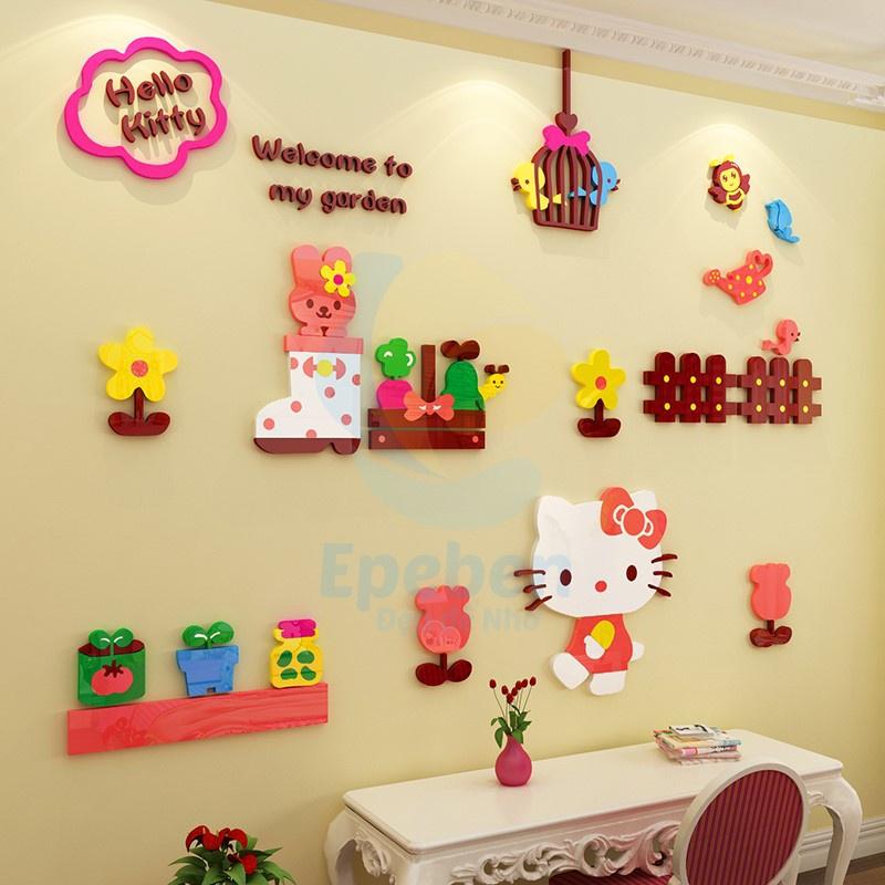 Tranh dán tường mica 3d decor khổ lớn khu vườn của hello kitty trang trí mầm non, mẫu giáo, phòng cho bé