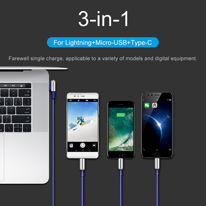 Cáp Sạc 3 Đầu Hoco U17 Dài 1.5m Chính Hãng Lightning + Micro USB + Type C