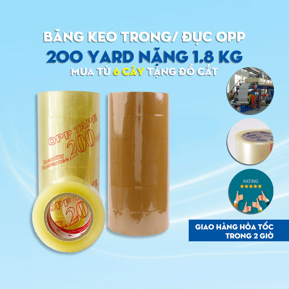 Cây Băng Keo Trong, BK Đục 200 Yard 1.8 Kg Đóng Dán Hàng Gồm 6 Cuộn