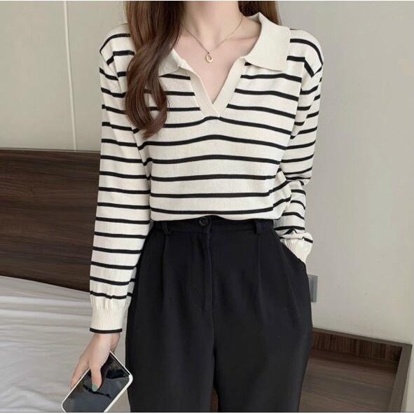 Áo len polo kẻ ngang dài tay