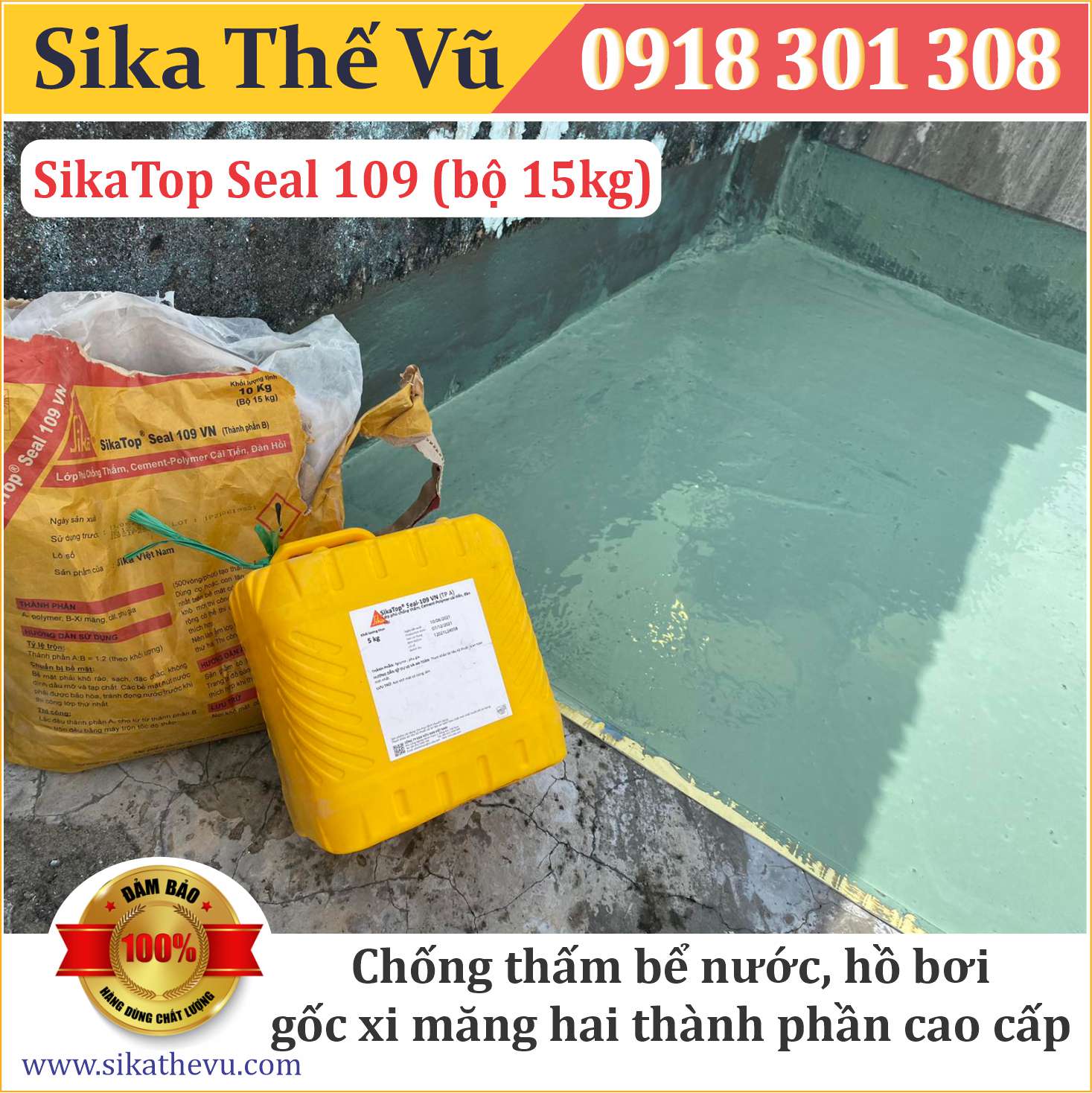 Chống thấm bể nước hồ bơi cao cấp gốc xi măng hai thành phần - SikaTop Seal 109 (bộ 15kg)