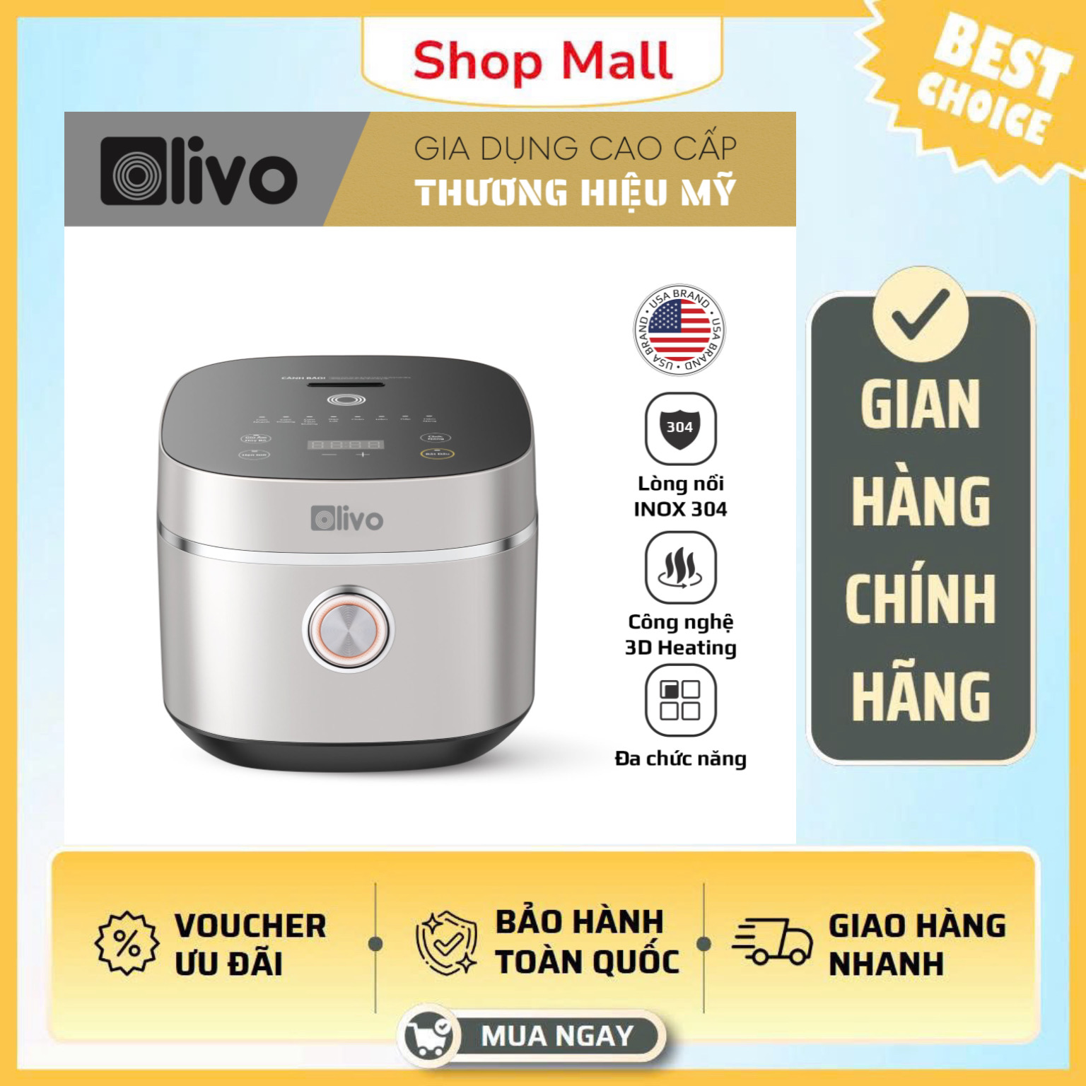 Nồi Cơm Điện OLIVO RC86 - Lòng Nồi INOX 304 Chống Dính Tự Nhiên- Hàng Chính Hãng