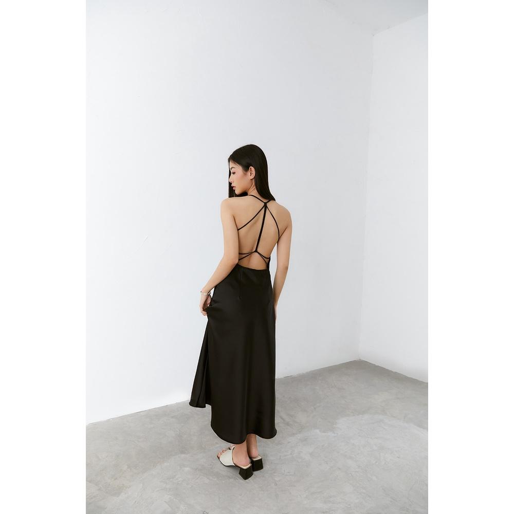 DOTTIE - Đầm lụa midi hở lưng nữ đen D0388