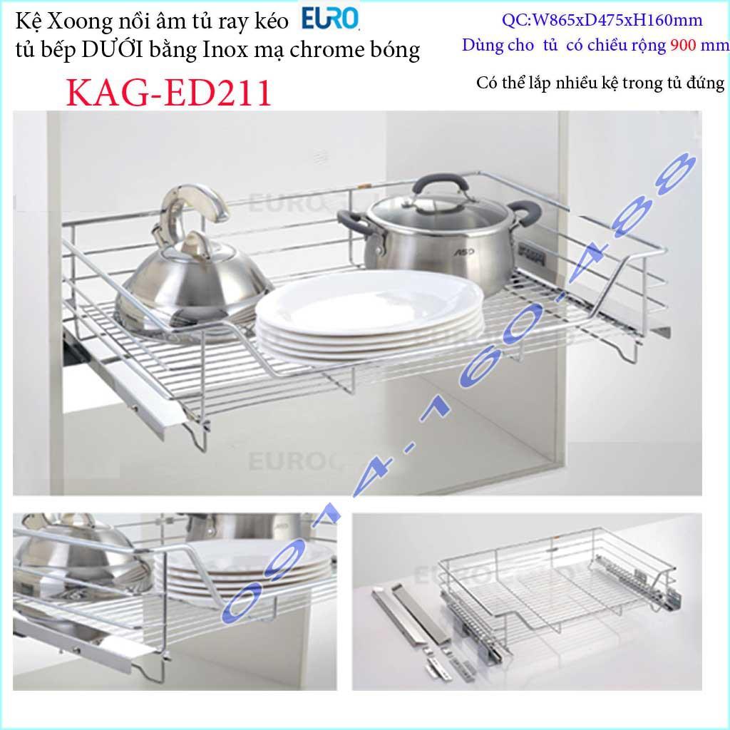 Kệ xoong nồi Euro KAG-ED211-90cm, giá xoong nồi inox âm tủ 90cm có ray giảm chấn êm ái siêu bền sản phẩm cao cấp