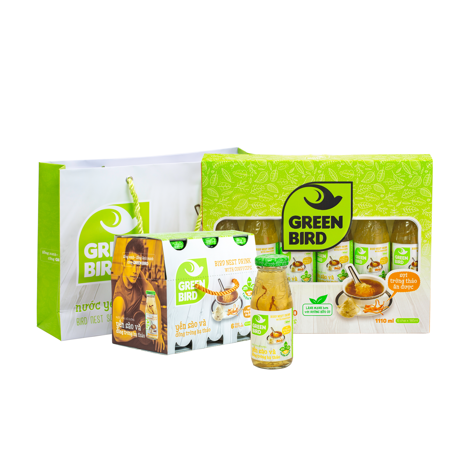 Hộp quà Green Bird - Nước Uống Bổ Dưỡng Yến Sào và Đông Trùng Hạ Thảo - (6chai*185ml)