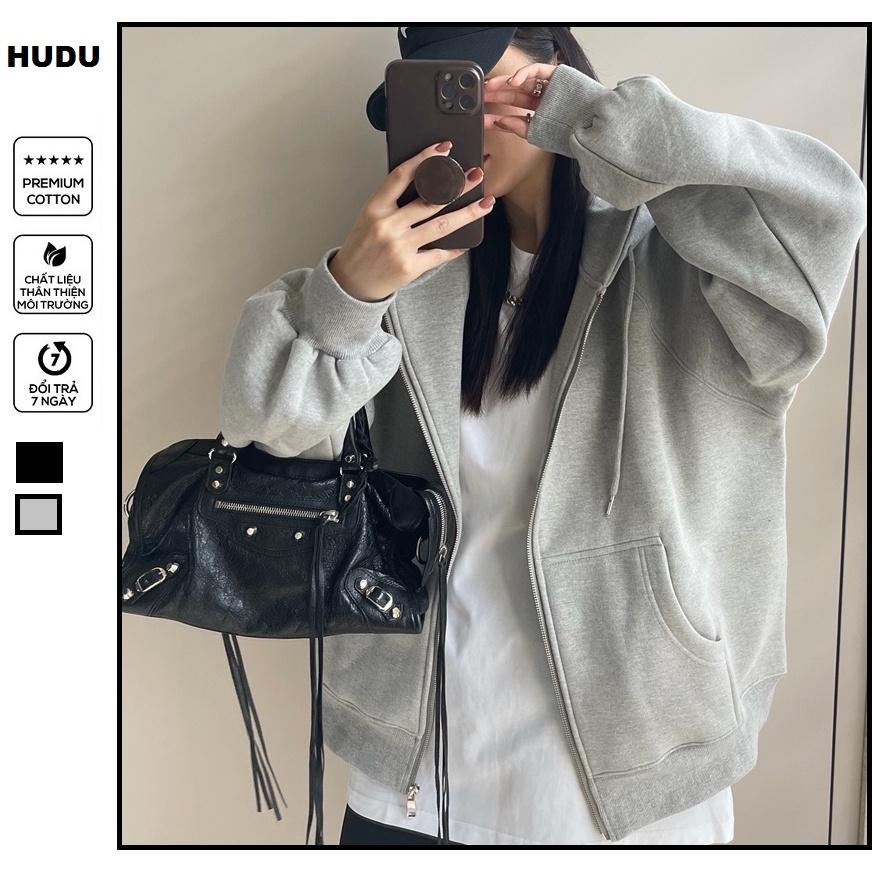 ÁO KHOÁC HOODIE NỮ VẢI NỈ FORM RỘNG TAY PHỒNG MÀU XÁM TRƠN , ÁO KHOÁC KHÓA KÉO MÀU XÁM TRƠN