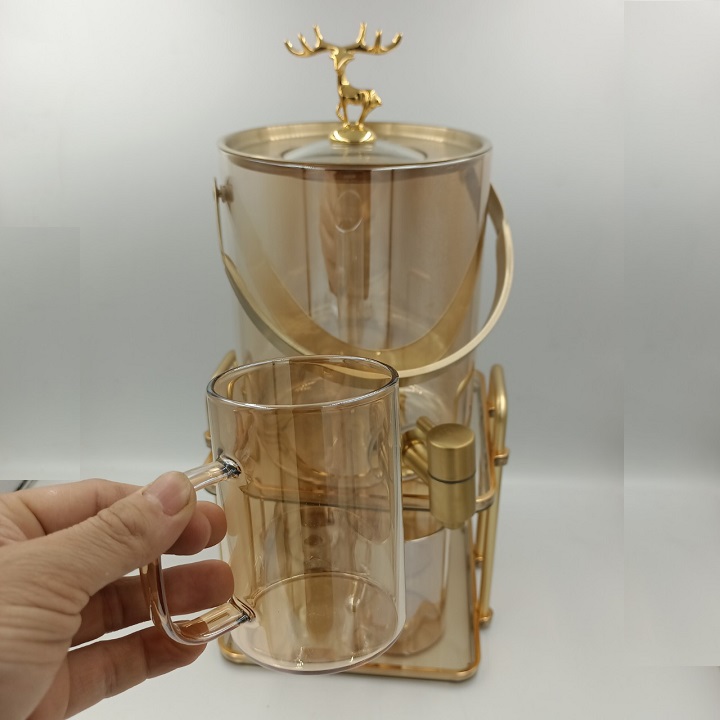 Bình Nước Thuỷ Tinh Borosilicate Hình Hươu Kèm 4 Cốc Và Giá Đỡ Mạ Vàng , Sang Trọng Tinh Tế, Decor nhà cửa
