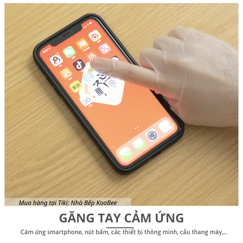 Hộp 100 găng tay làm bếp TPE kháng khuẩn siêu dai cảm ứng điện thoại KooBee