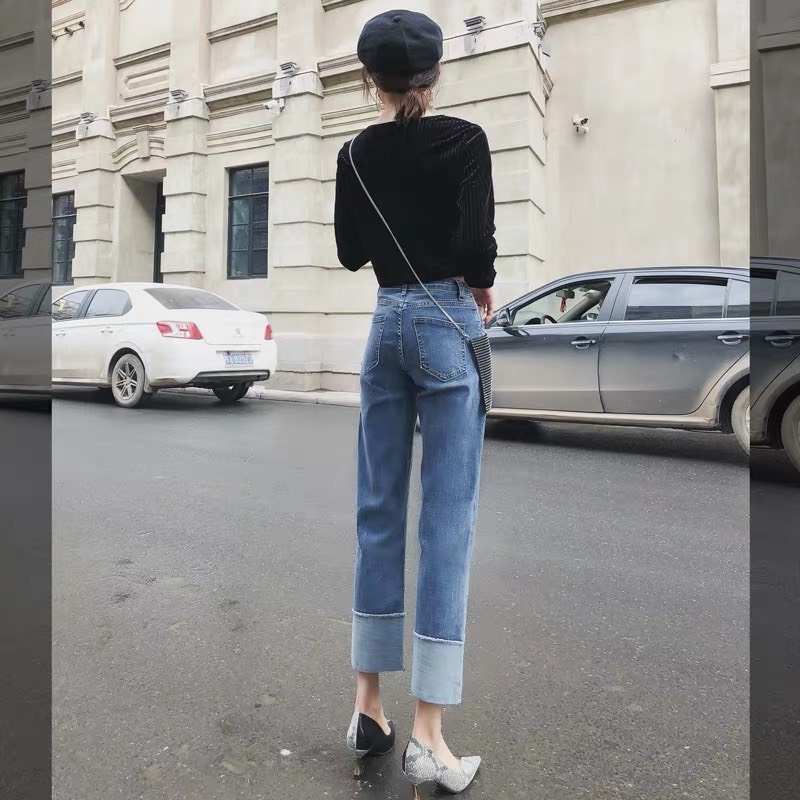 Quần jean nữ BIGSIZE ống suông rộng 9 tấc, lưng cao, co dãn mạnh, dành cho người béo 65kg~90kg 3507